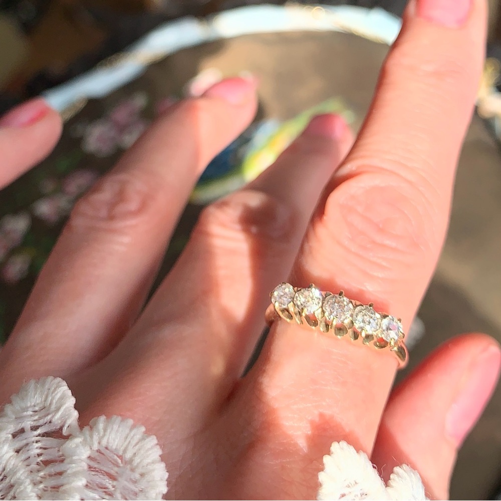 Estate Antique 14k 5 Diamond Ring, Bright Natural Old Mine Cut Diamonds. SPARKLE